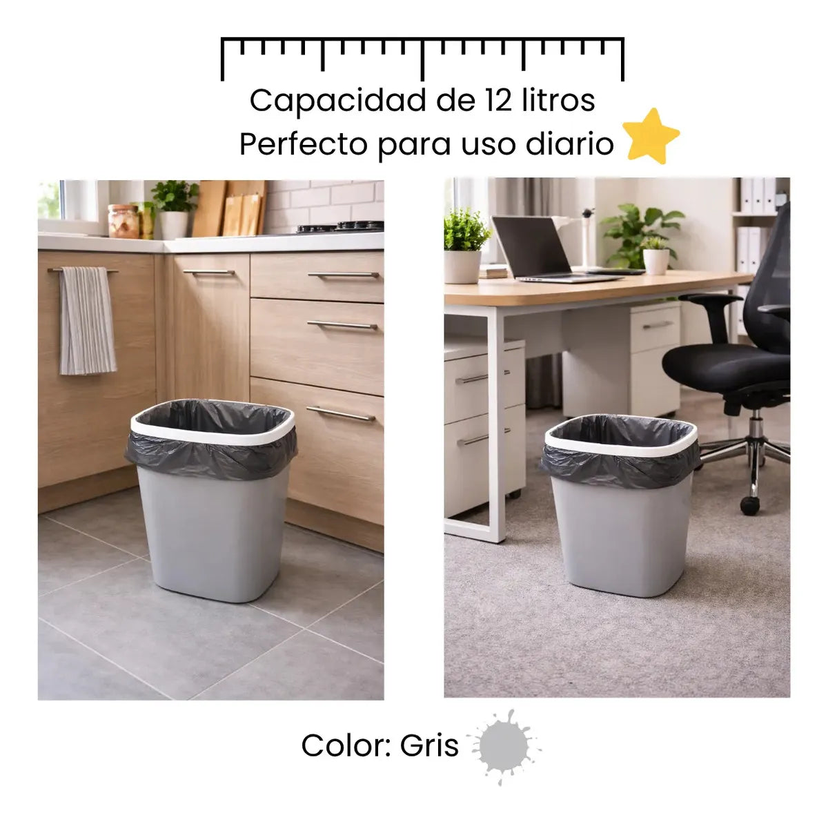 Bote de Basura de Plástico 12 Litros Agarra bolsa Hogari
