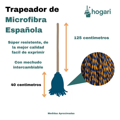 2 Trapeadores De Microfibra Española Premium Chica 175 gr con Bastón Hogari
