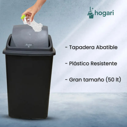 3 Botes De Basura Grande 50l Plástico Cesto Con Tapa Balancín Negro Hogari