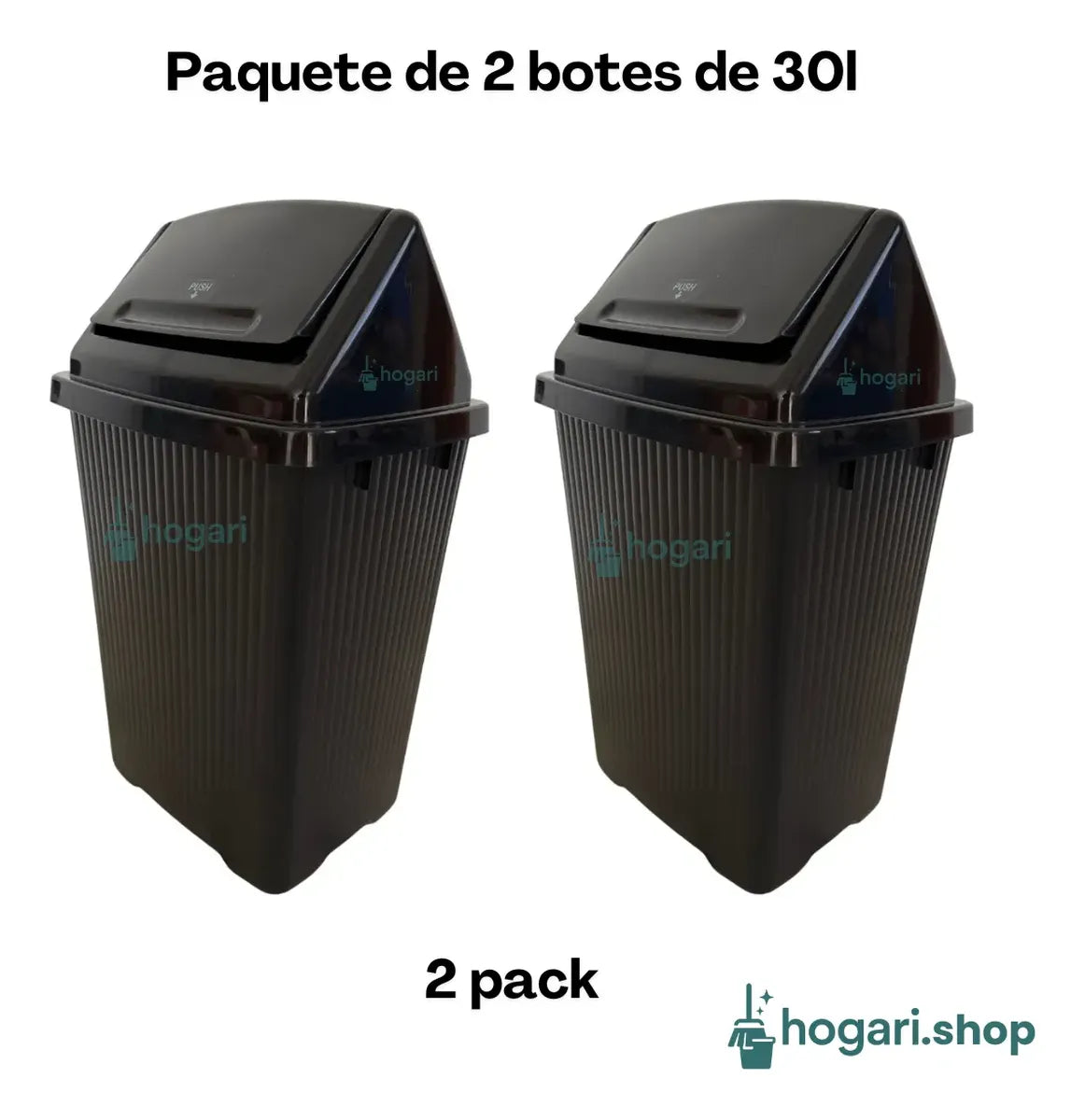 2 Botes De Basura Mediano 30l Plástico Cesto Tapa Balancín Negro Hogari